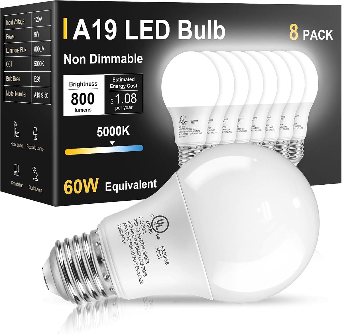 TJOY 6 Pack LED Light Bulbs 60 Watt Equivalent, Daylight White 5000K A19