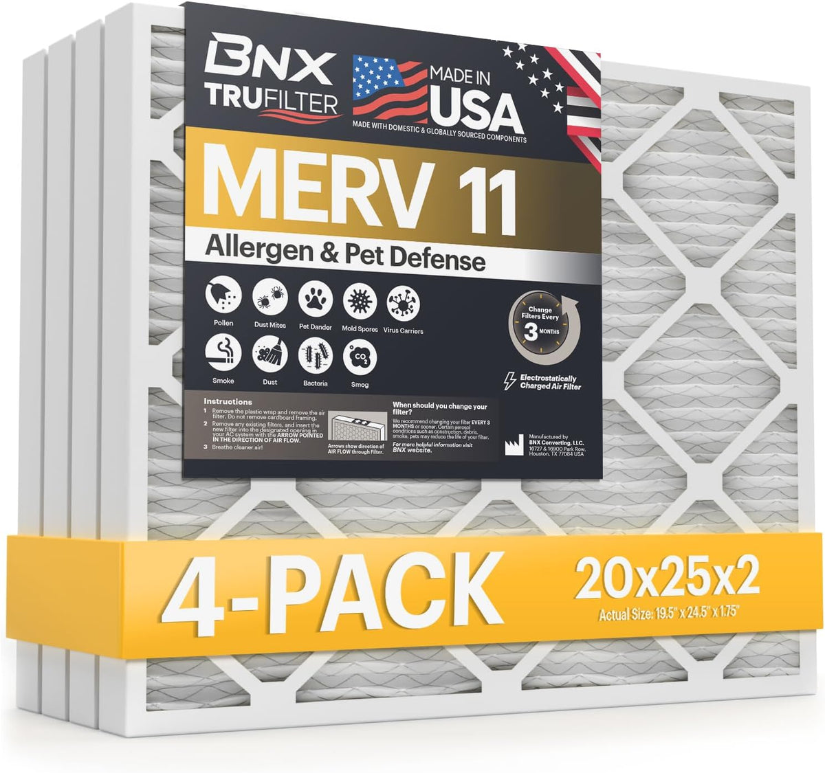BNX TruFilter 20x20x1 Air Filter MERV 11 (6-Pack) - MADE IN USA - Allergen Defense Electrostatic Pleated Air Conditioner HVAC AC Furnace Filters for Allergies, Dust, Pet, Smoke, Allergy MPR 1200 FPR 7