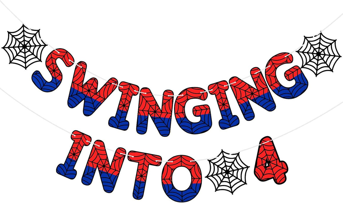TaoBary Spider Theme 4th Birthday Banner Swinging into 4,Red and Blue