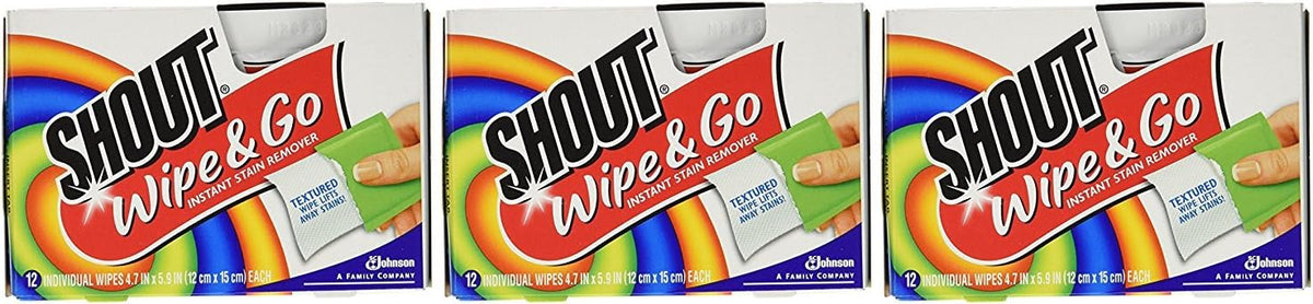 Shout Wipes, Wipe and Go Instant Stain Remover, Laundry Stain and Spot Remover for On-the-Go, 12 Wipes per Carton - Pack of 12 Cartons (144 Total Wipes)