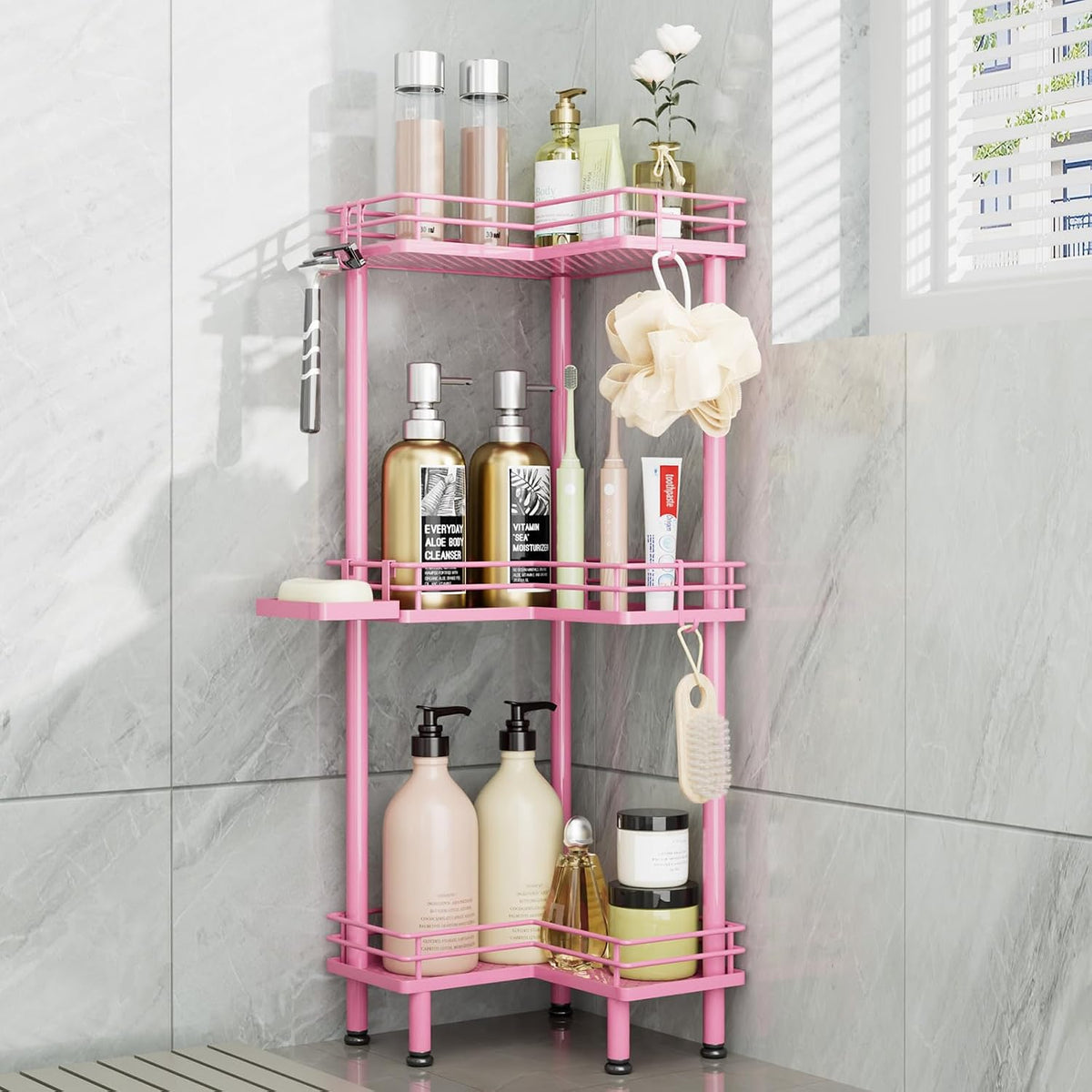 Consumest Corner Shower Caddy Standing - 3-Tier Stainless Steel Shower Organizer with Soap Holder and 4 Hooks, Large Capacity Corner Shelf Stand for Bathroom, Rest Room, Black