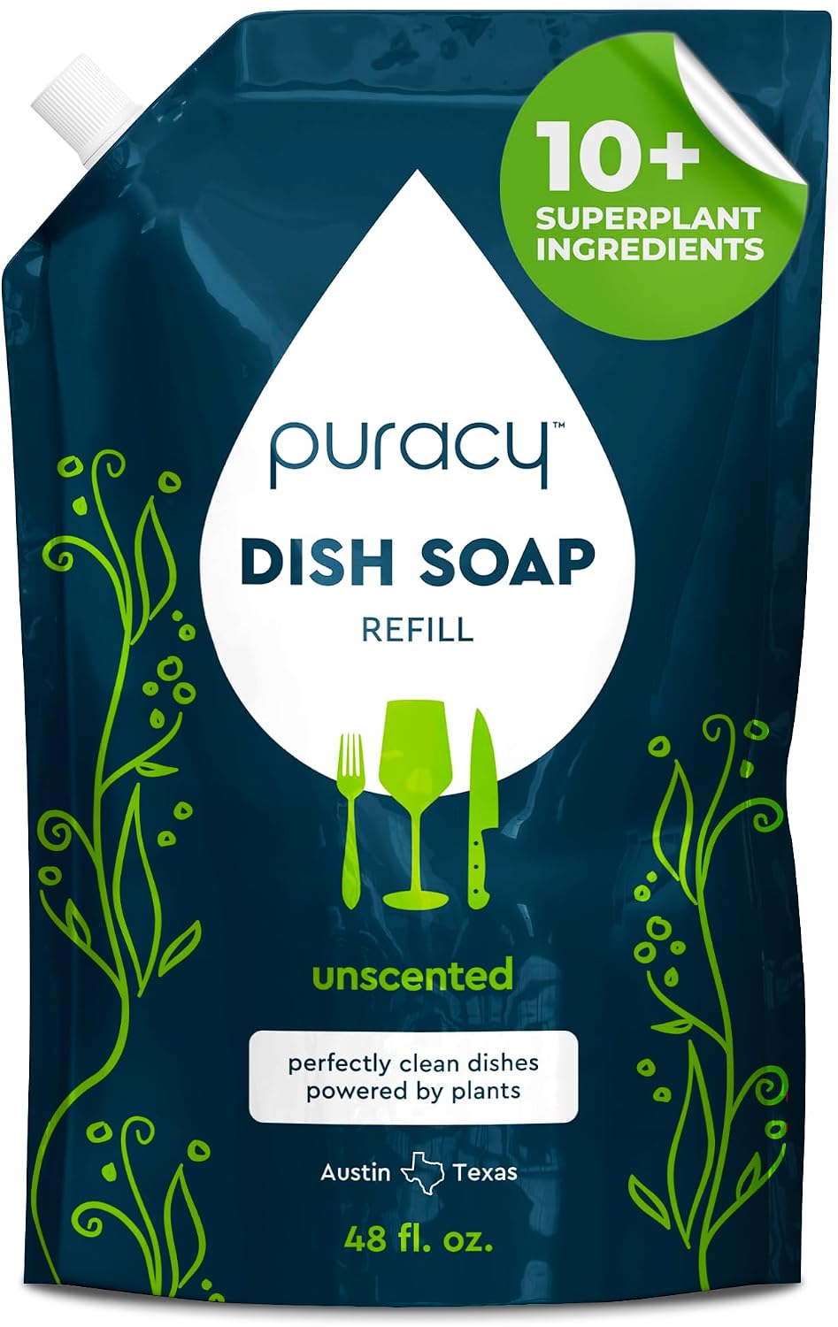 Puracy Natural Dish Soap Refill - Skin-Softening Plant-Based Liquid Dishwashing Detergent Soap, Clean-Rinsing Water-Sheeting Formula (Organic Lemongrass, 48 fl oz)