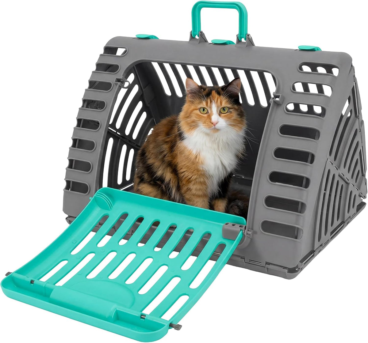 SportPet Large Hard-Sided Travel Cat Carrier - Cat Carrier with Patented Wide Side-Opening Door, Foldable Portable Pet Carrier with Removable Bed for Cats & Small Pets up to 25lbs - Gray