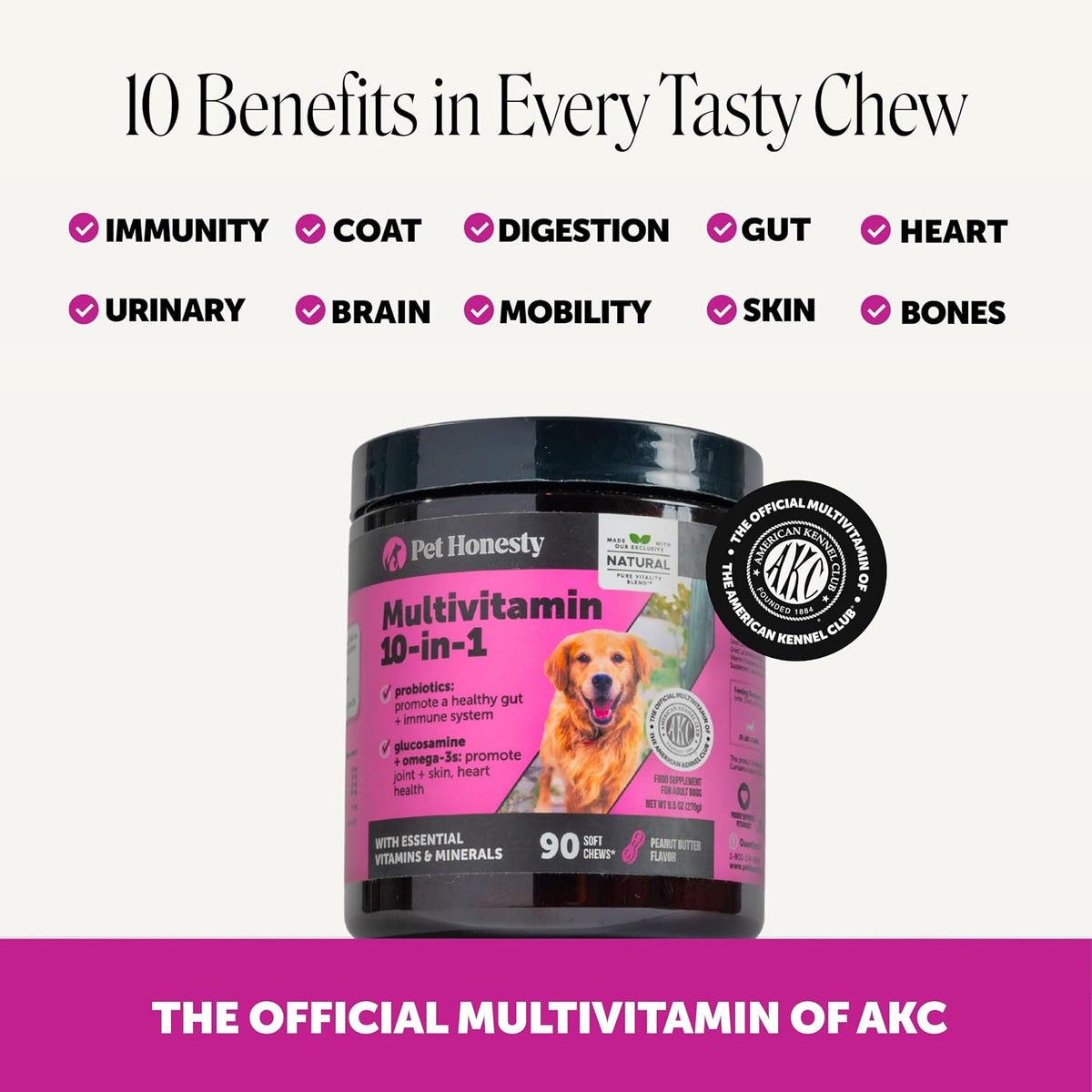 10-in-1 Dog Multivitamin Supplement with Glucosamine & Probiotics - Hip & Joint Support, Digestive Health, Immune Support, Heart & Skin - All-in-One Daily Vitamins & Omega-3s for Dogs, Chicken, 90 Ct