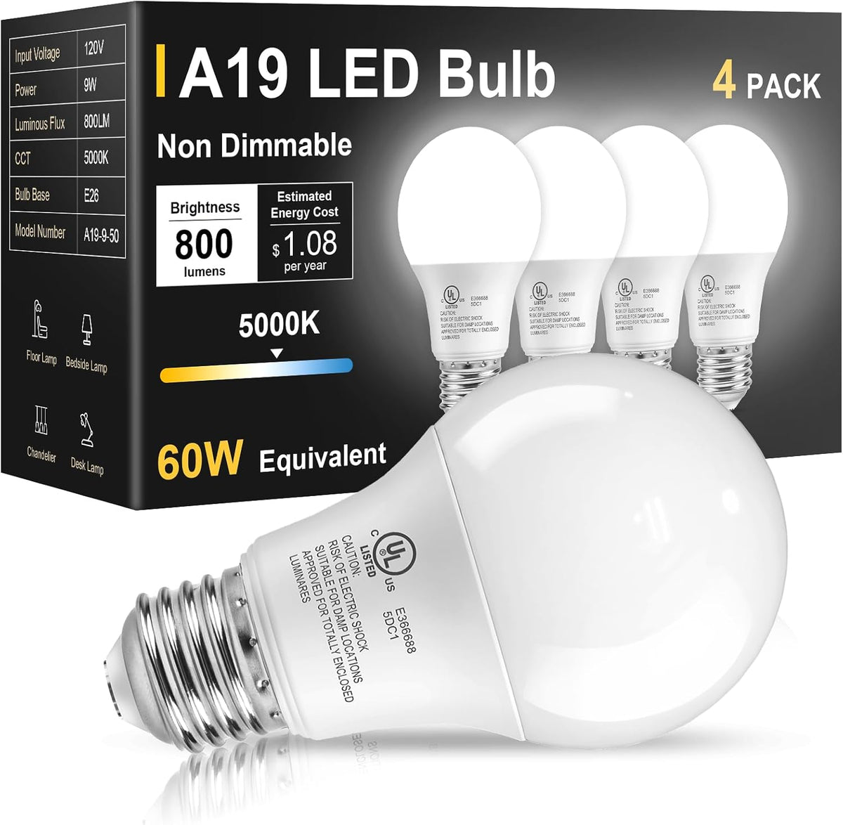 TJOY 6 Pack LED Light Bulbs 60 Watt Equivalent, Daylight White 5000K A19