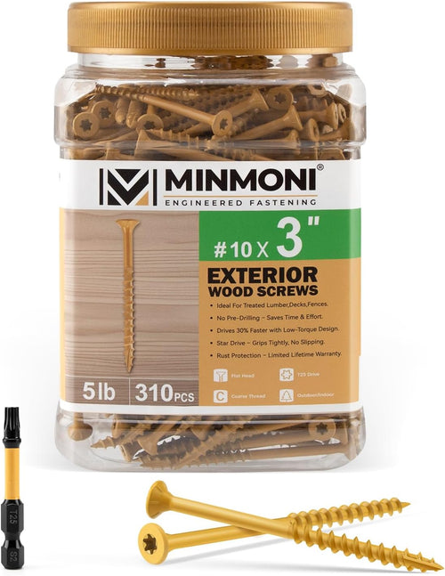 #10 x 3'' Wood Deck Screws 310pcs (5lb Box), Torx Flat-Head Exterior Screws, Multiple Size Available, Tan, T25 Star Bit Included