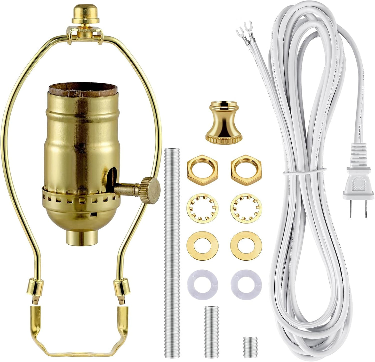 Lamp Rewire Kit - 3-Way Socket With Matching Cord and Harp Set for Table or Floor Lamp Repair, Essential Hardware for DIY Design (Antique Brass, 1)