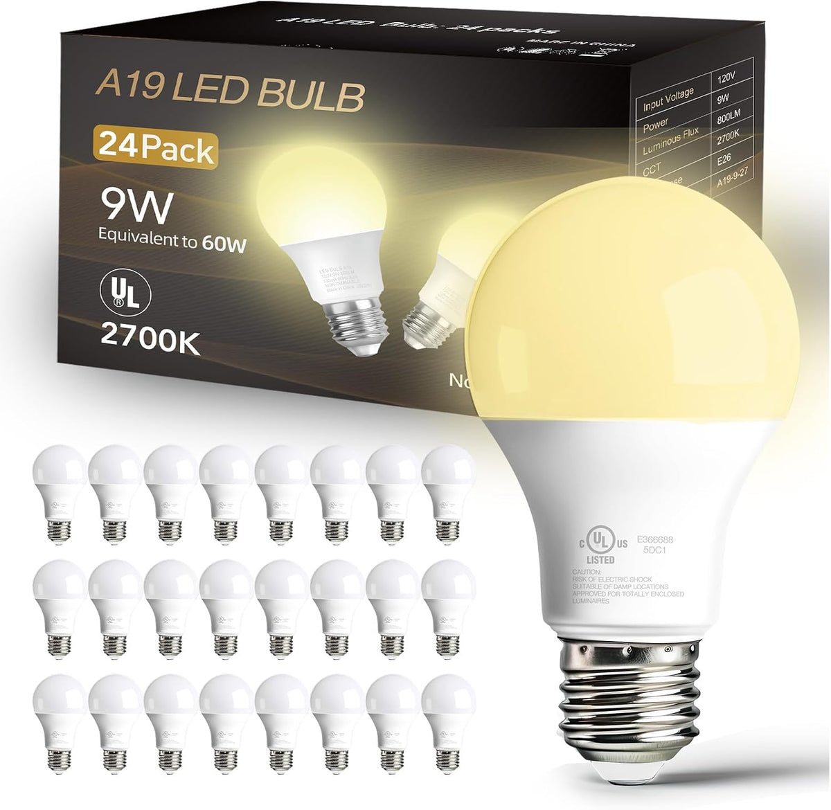dalattin 24 Pack LED Bulbs Daylight White 5000K, 60 Watt Equivalent A19 Standard Bulbs, E26 Base, 800 LM, Efficient 9W Energy Saving, Non-Dimmable, 80+ CRI, 120V, UL Listed, for Living Room, Office