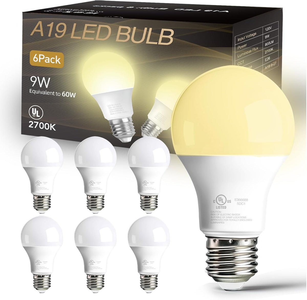 dalattin 24 Pack LED Bulbs Daylight White 5000K, 60 Watt Equivalent A19 Standard Bulbs, E26 Base, 800 LM, Efficient 9W Energy Saving, Non-Dimmable, 80+ CRI, 120V, UL Listed, for Living Room, Office