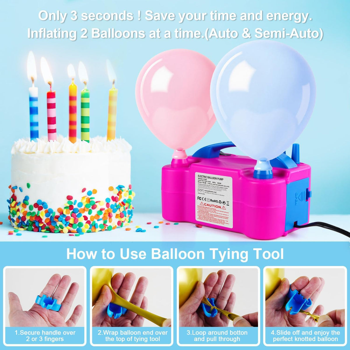 Electric Balloon Pump with Dual Nozzle & 2 Tying Tools
