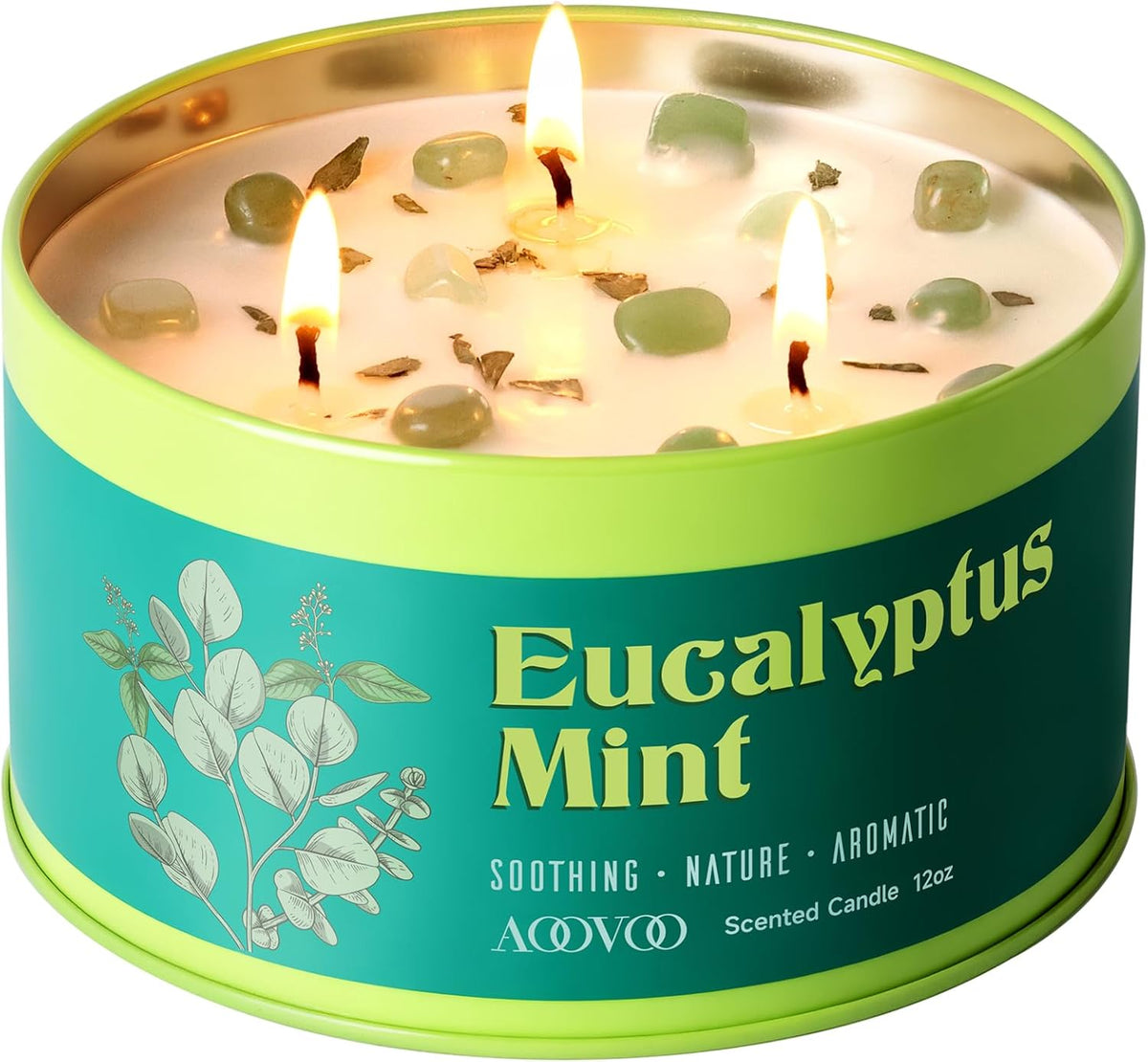 AOOVOO Sage Candle for Cleansing - 3 Wick 12oz Large Scented Candle with Crystals & Sage Leaves Inside, Soy Candles Non Toxic for Meditation Spiritual Gift, Aromatherapy Candle for Women Men