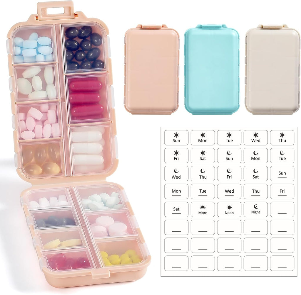 LANDNEOO 14 Grids Pill Organizer Box with Labels, Travel Medication Holder Dispenser Case Kit, Pocket Daily Pharmacy Container for Fish Oil Vitamin Supplement Storage, Khaki Pink Grey, 3 Pack