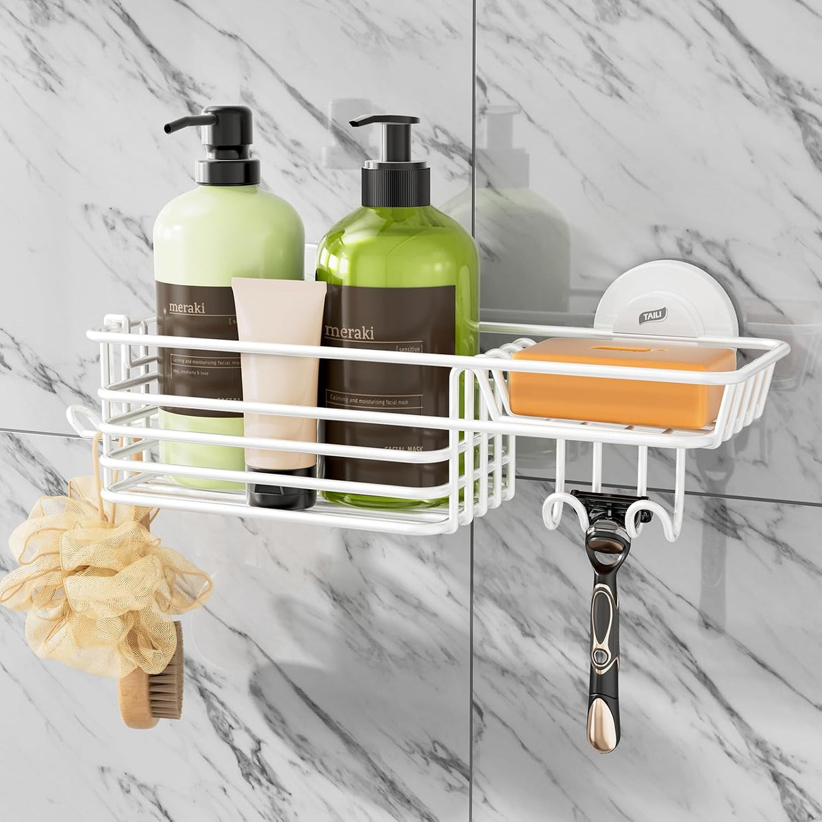 TAILI Shower Caddy Suction Cup 2 Pack with Hooks & Soap holder, Black