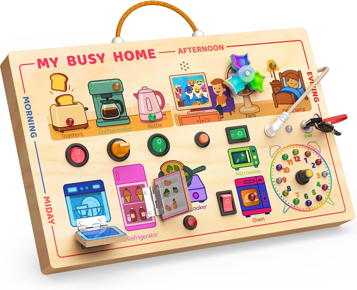 UdoUto Montessori Wooden Busy Board for Toddlers with LED Lights & Switches