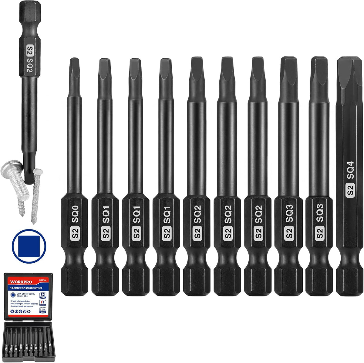 WORKPRO 10PCS Square Drive Bit Set, Magnetic Impact Screwdriver Bits