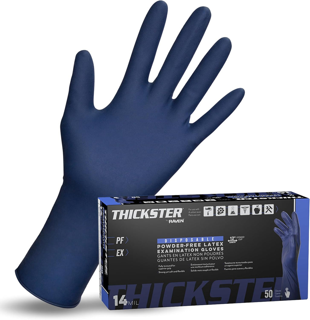Thickster Powder-Free Exam Grade Latex Disposable Gloves. Blue, 14 mil Thickness, 12" Length. Single Use. Pack of 50.