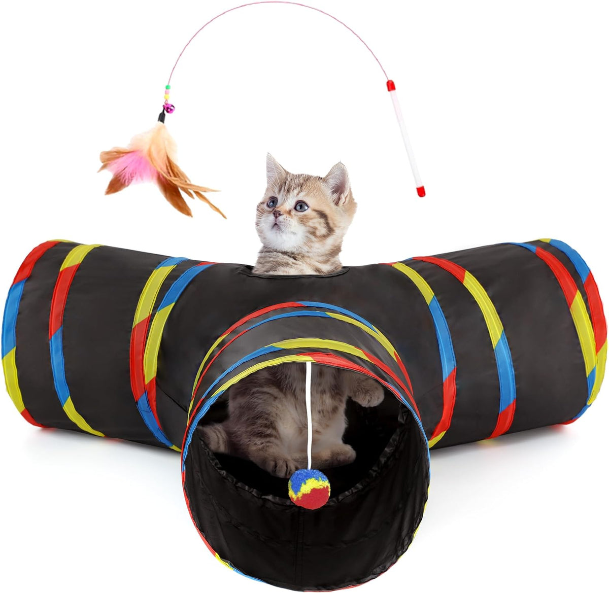 Tempcore Cat Tunnel, 3-Way Collapsible Toy for Indoor Cats, Black & Blue