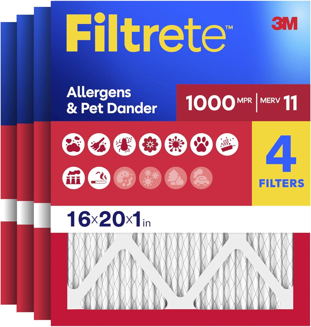Filtrete 16x25x1 Air Filter, MERV 11, MPR 1000, Allergens & Pet Dander, 3-Month AC and Furnace Filters, Cleaner Air, Reliable Airflow, 4 HVAC Filters (Actual Size 15.68 x 24.68 x 0.81 in)