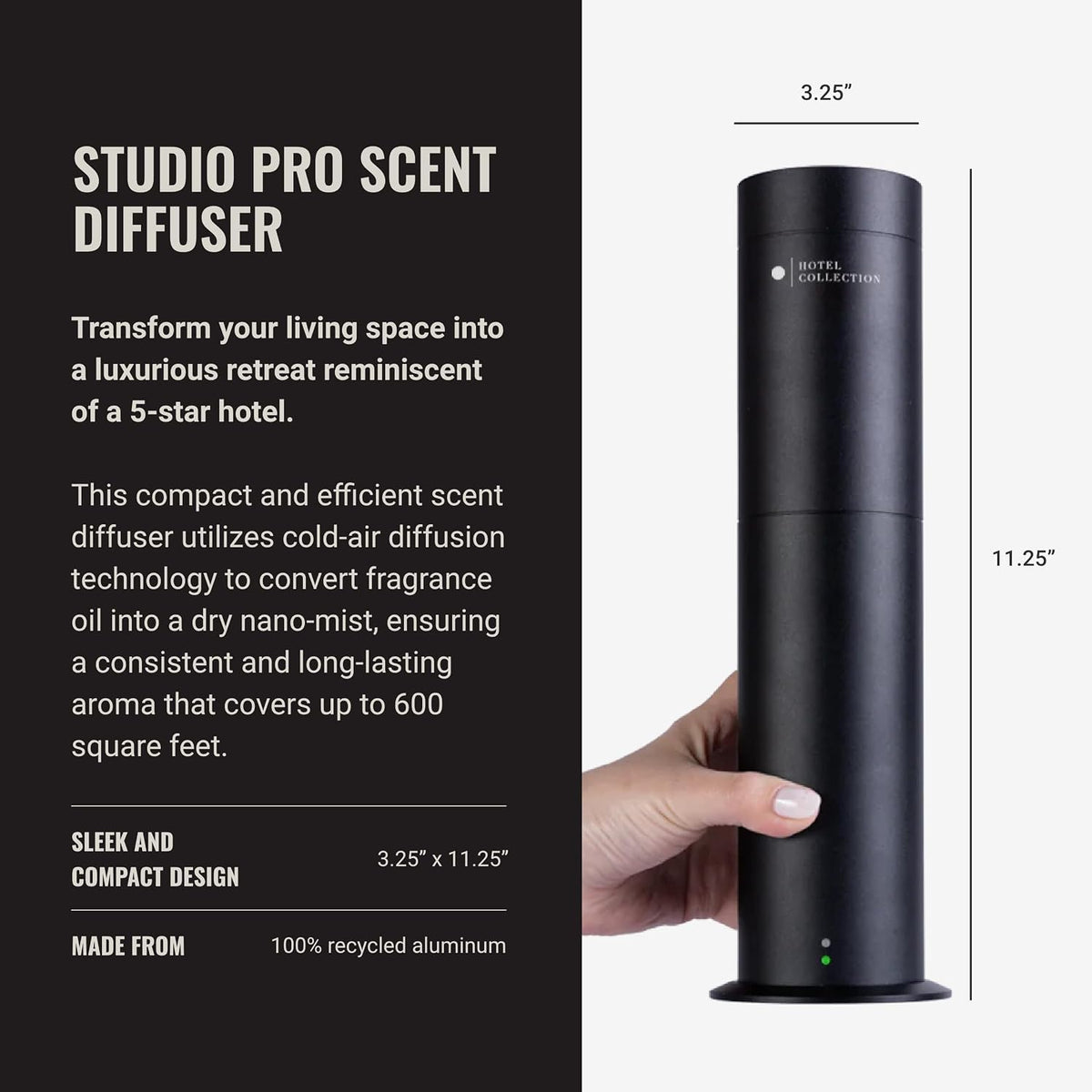 Hotel Collection-Studio Pro Essential Oil Diffuser-600 sq ft Coverage - Portable with Remote-Cold-Air Diffusion Technology-Air Freshener-Black-Works Exclusively with Pro Pod Bottles