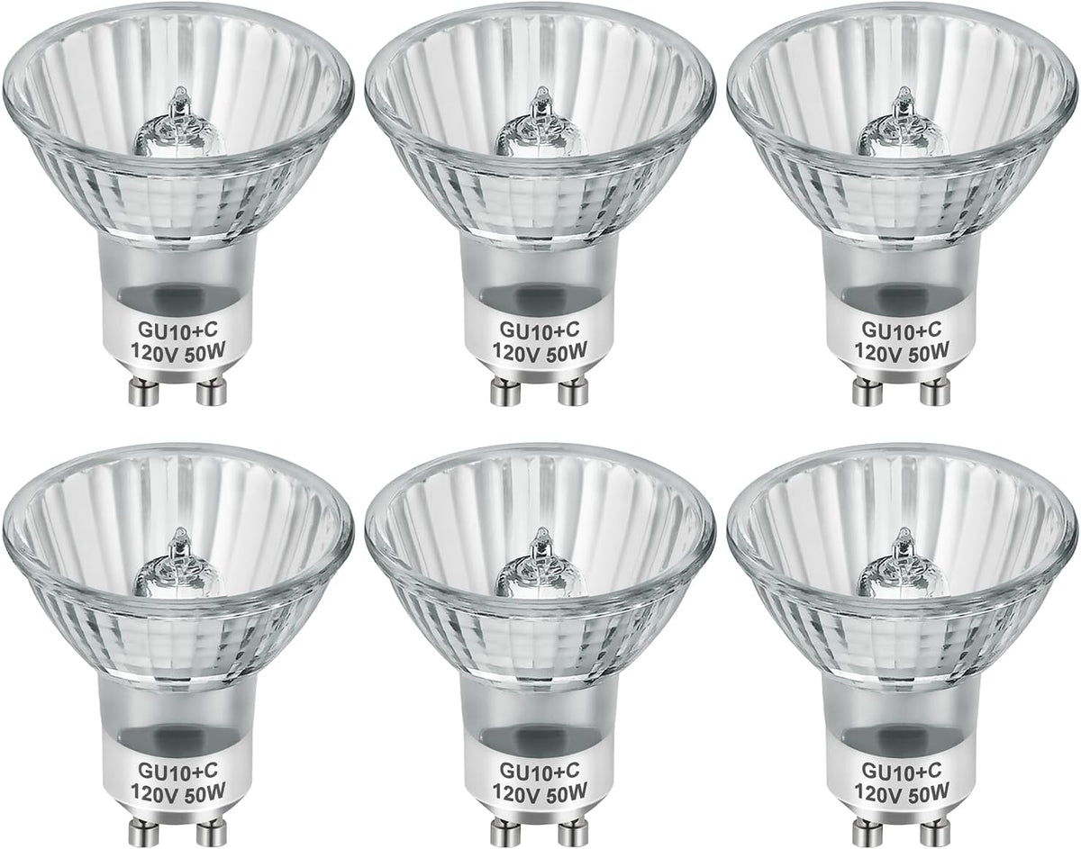 SerBion GU10 120V 50W Halogen Light Bulbs for Track and Range Hood, GU10+C Candle Warmer Lamp with Dimmable, 2700K Warm White, 6000+Hours Long-Lasting Pack of 6