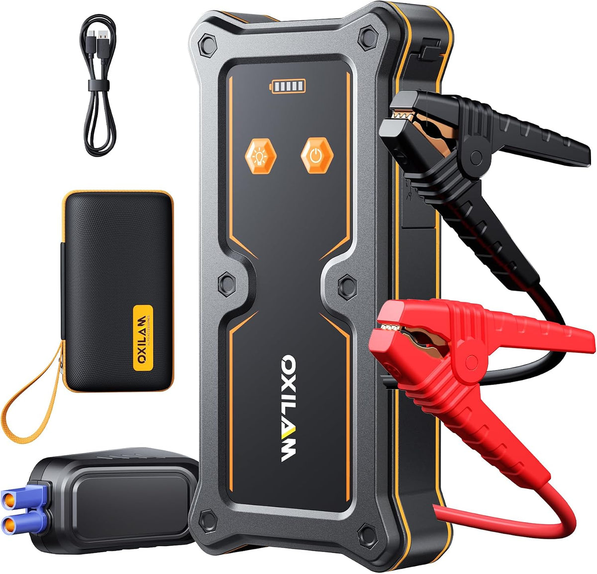 OXILAM Jump Starter 6000A for All Gas/12L Diesel, Car Battery Jumper Starter Portable, 12V Lithium Jump Box with Jumper Cables, LED Display, LED Light, Power Bank with USB, Type C Port