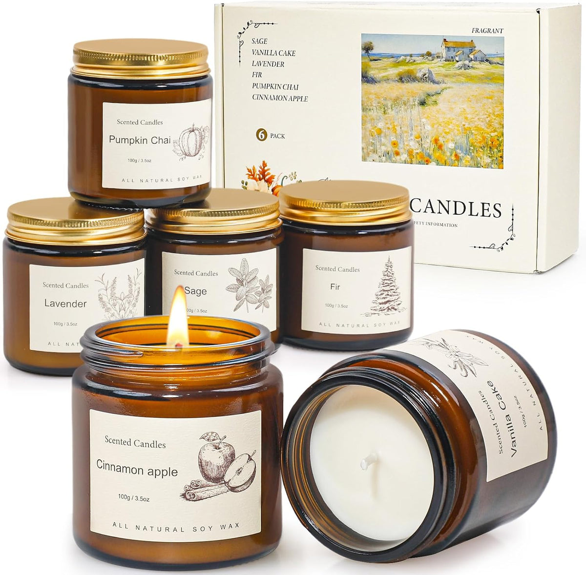 6 Pack Candles for Home Scented Aromatherapy Candle Gift Set for Women Soy Wax Long Lasting Amber Jar Candles Gift for Birthday Mother's Thanksgiving Day Present