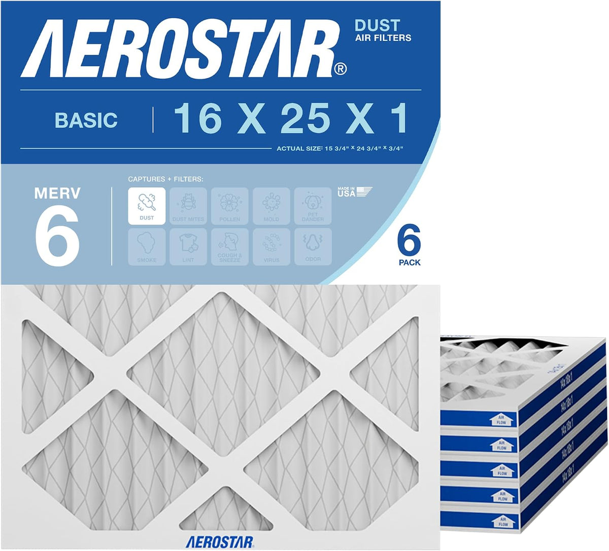 Aerostar Air Filter 16x25x1 MERV 8 AC Filter, HVAC, Furnace Filter, 6 Pack