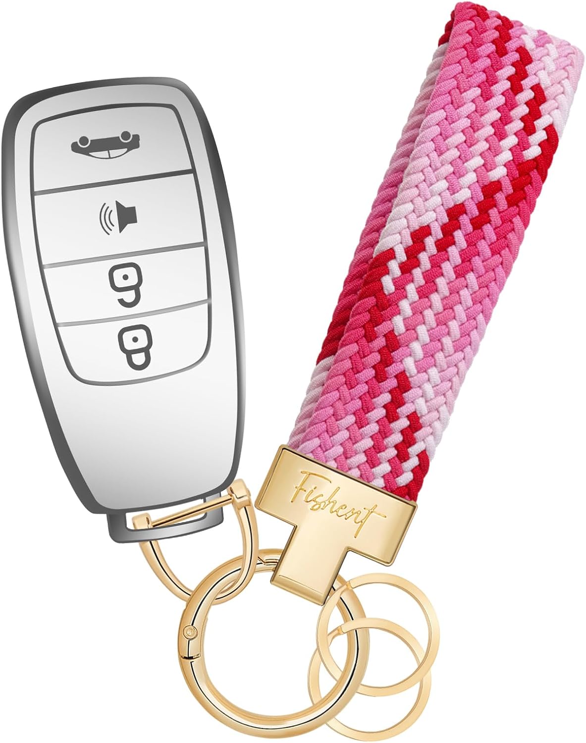 Fishent Stretchy Car Keychain, Nylon Braided Cool Key Chain for Women Men, Universal Key Fob Holder with 3 Keyrings, Anti-Lost D-Ring, Car Accessories, Starlight