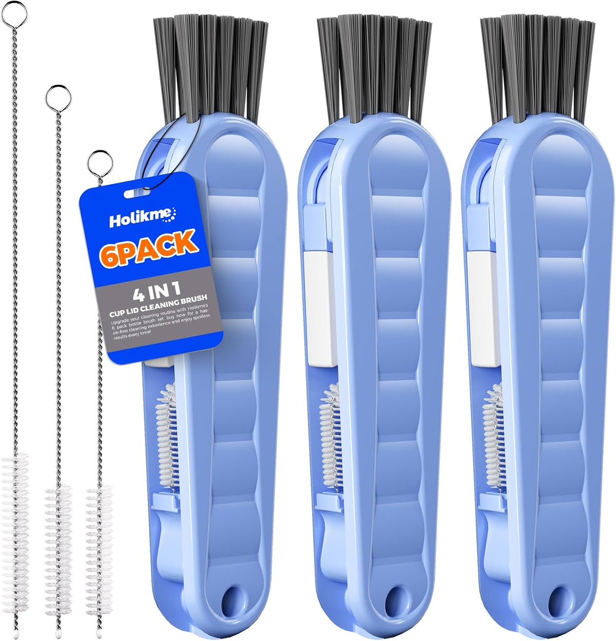 Holikme 6 Pack 4 in 1 Cup Lid Cleaning Brush 3 Straws Bottle Brush,Black