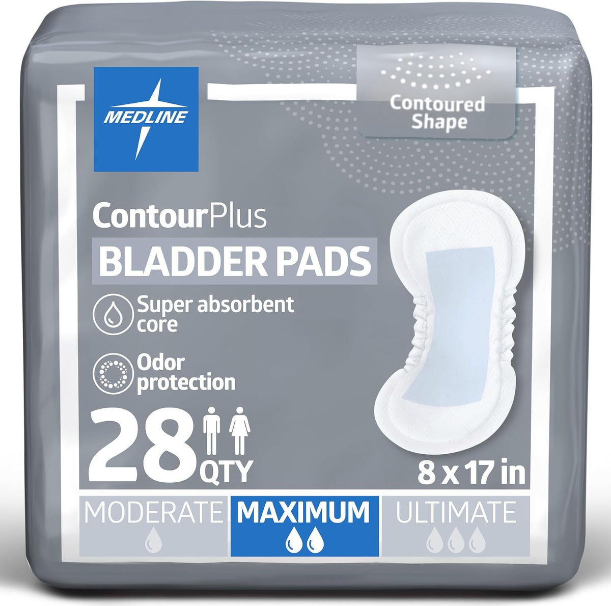 Medline ContourPlus Bladder Control Incontinence Pads, Moderate Absorbency, 5.5" x 10.5", 28 Count