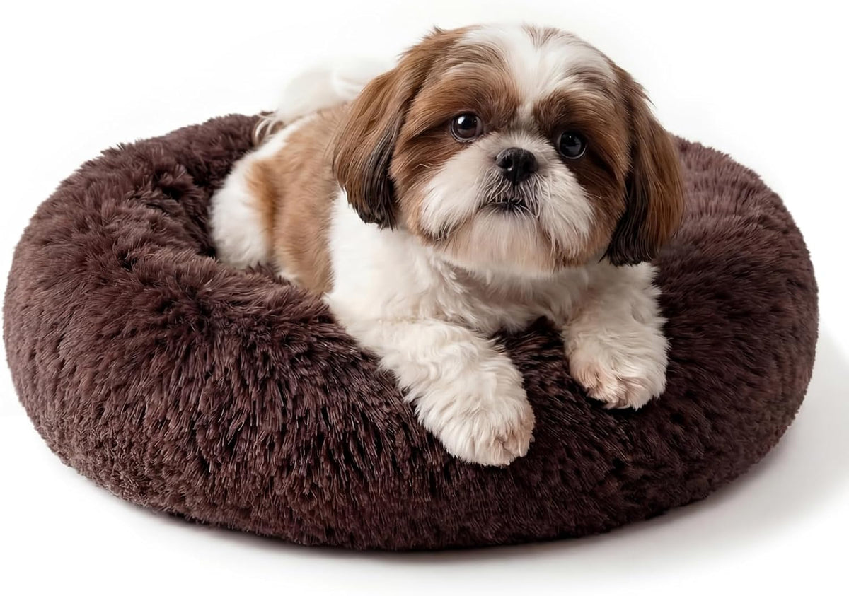 Small Calming Dogs Bed for Small Dogs Anti-Anxiety Machine Washable Fluffy Luxury Anti-Slip Waterproof Mute Base Warming Cozy Soft Pet Puppy Round Bed