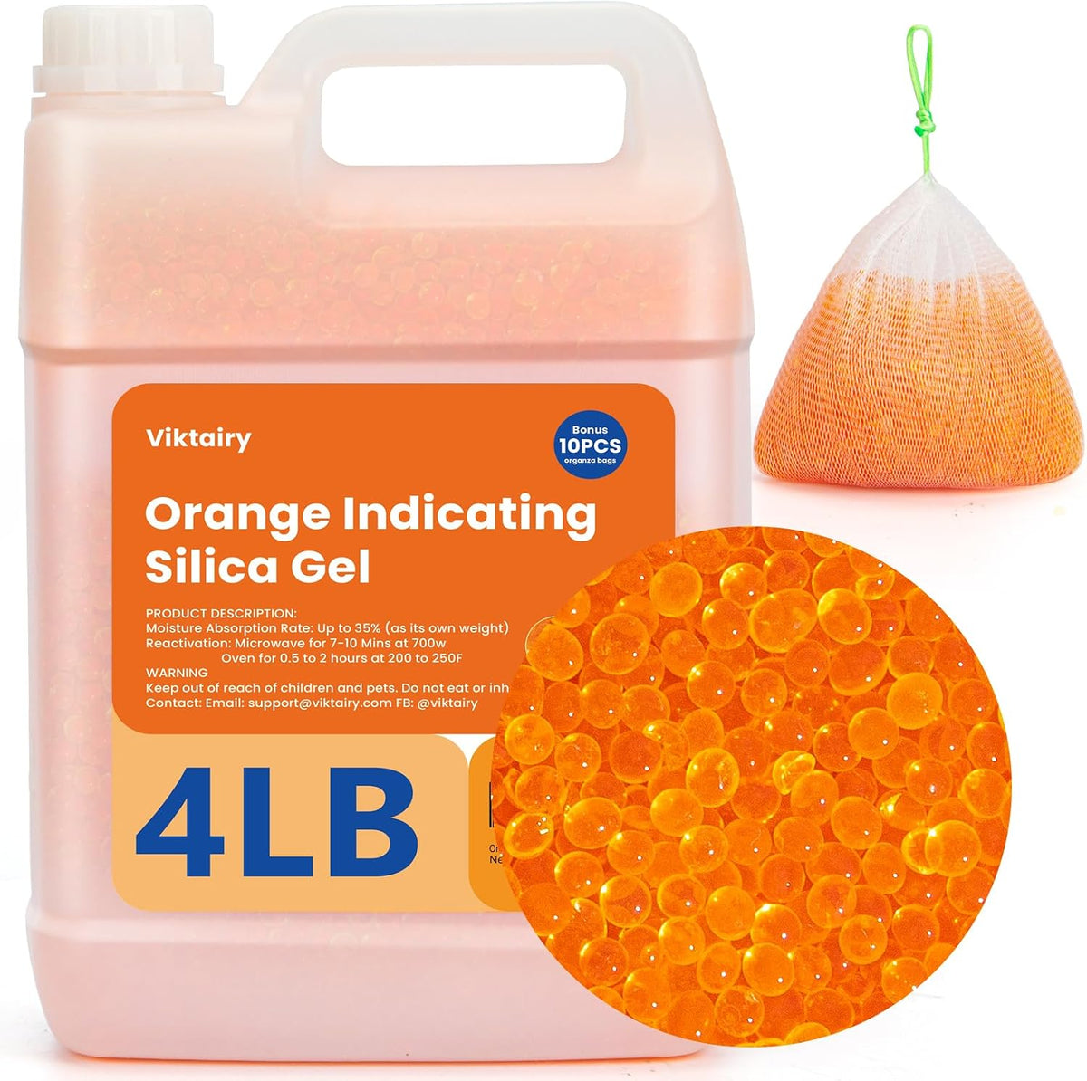 2.2 LBS Orange Silica Gel Desiccant Beads, Reusable & Color Indicating