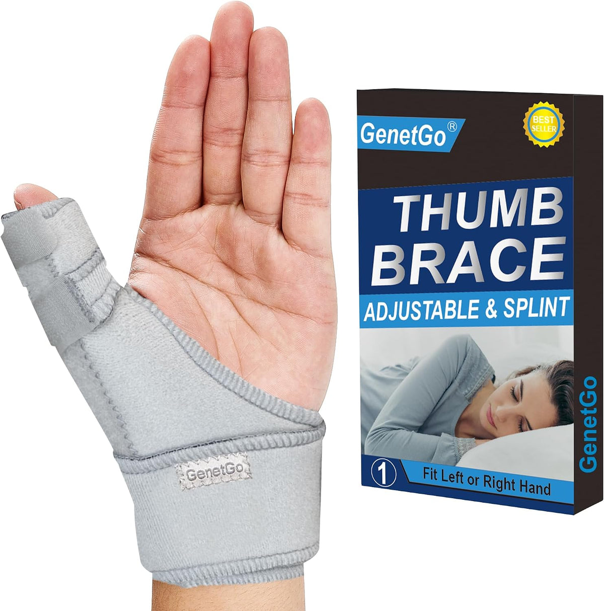 GenetGo Trigger Thumb Splint - Thumb Spica Support Brace Stabilizer for Pain, Sprains, Arthritis, Tendonitis (Right Hand or Left Hand) (Black)