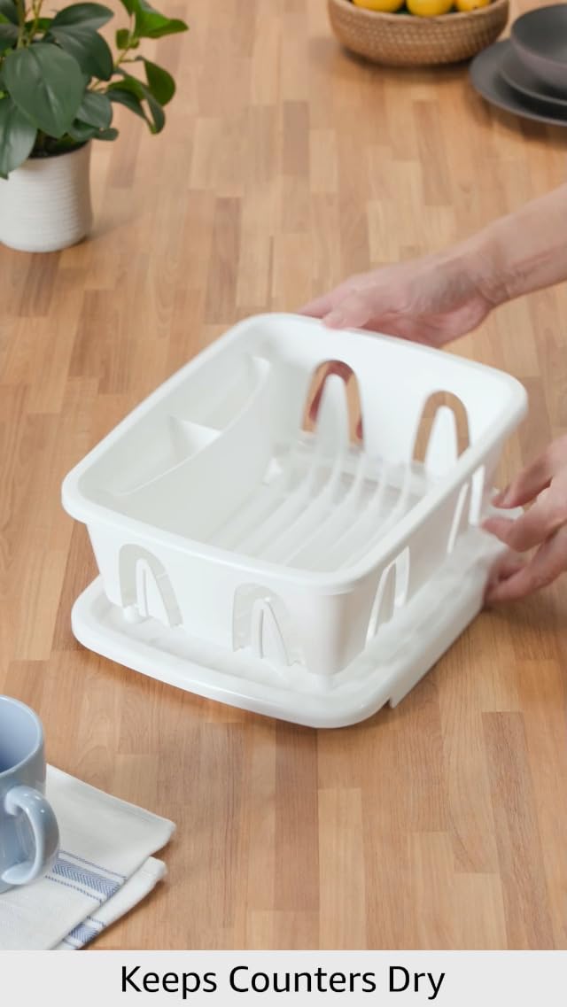 Camco RV Mini Dish Drainer & Tray - Features a Sloped Drain Tray Design, Heavy-Duty Construction - Ideal for Small Spaces, Apartments, Boats, and More -9.5"L x 11.7"W x 4.75"H - White (43511)