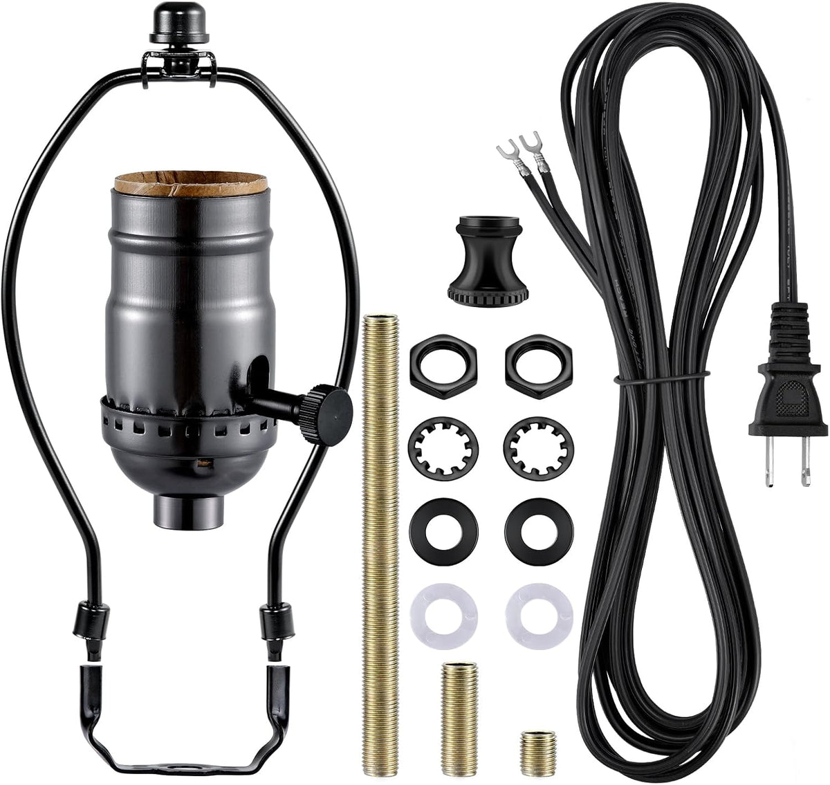 Lamp Rewire Kit - 3-Way Socket With Matching Cord and Harp Set for Table or Floor Lamp Repair, Essential Hardware for DIY Design (Antique Brass, 1)