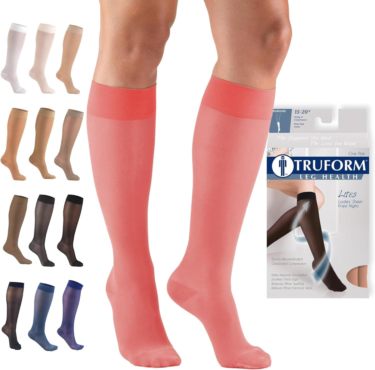 Truform Sheer Compression Stockings, 15-20 mmHg, Women's Knee High Length, 20 Denier, Nude, Medium