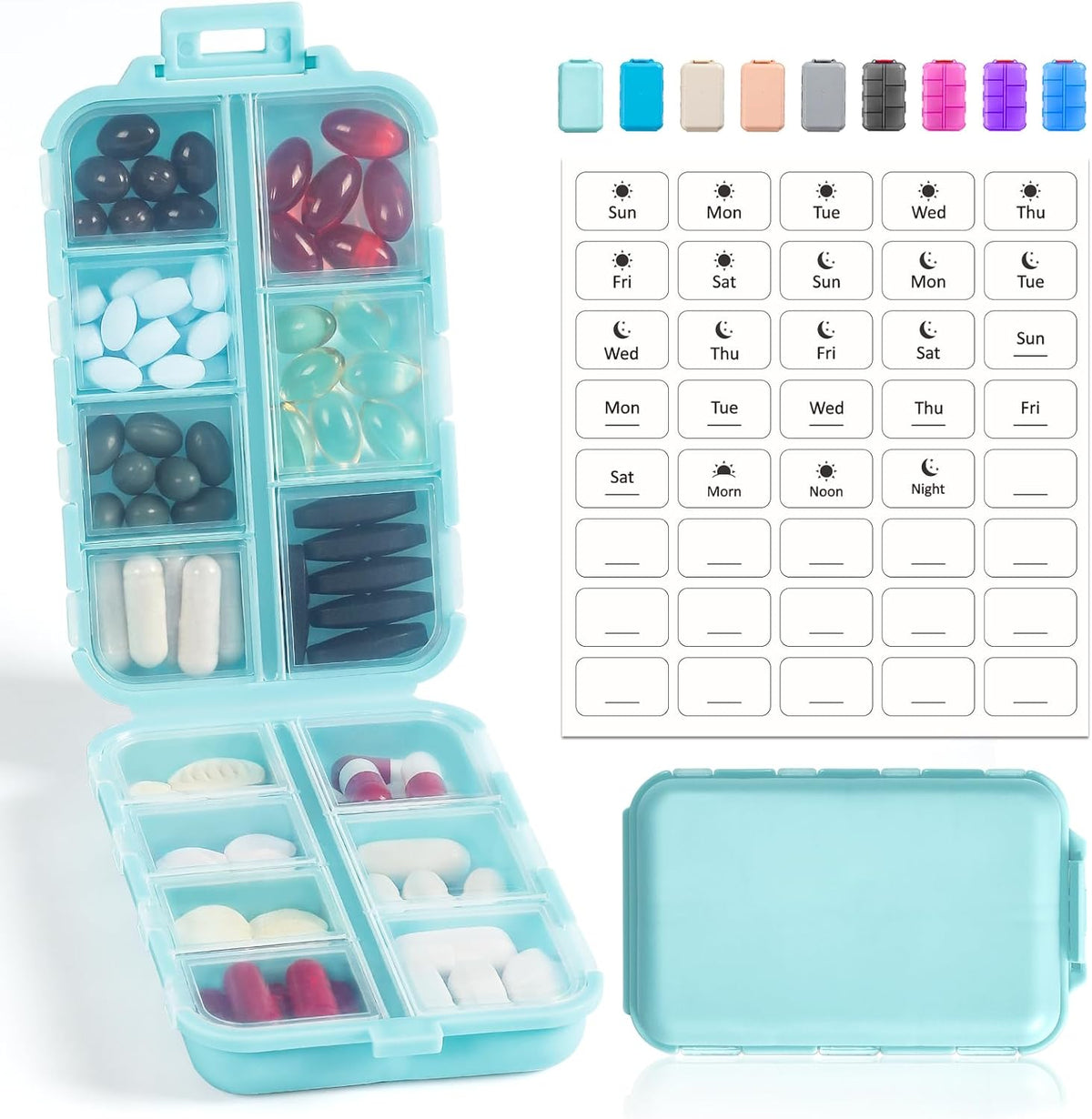 LANDNEOO 14 Grids Pill Organizer Box with Labels, Travel Medication Holder Dispenser Case Kit, Pocket Daily Pharmacy Container for Fish Oil Vitamin Supplement Storage, Khaki Pink Grey, 3 Pack