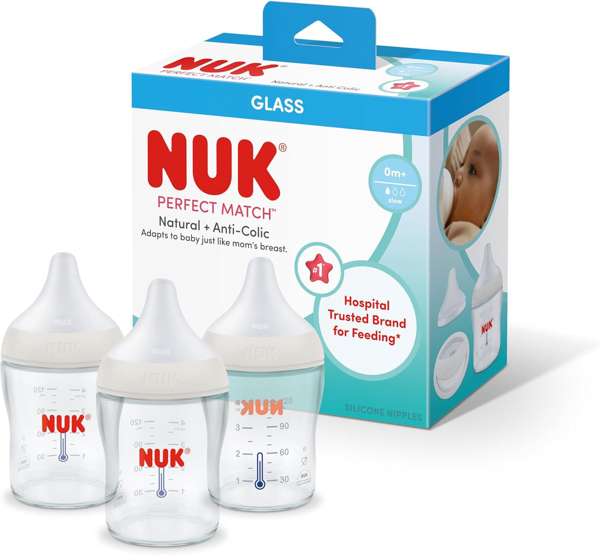 NUK Perfect Match Glass Natural + Anti-Colic Bottle, 4 oz. Glass Baby Bottles with SafeTemp Temperature Indicator, Newborn Essentials, 3-Pack