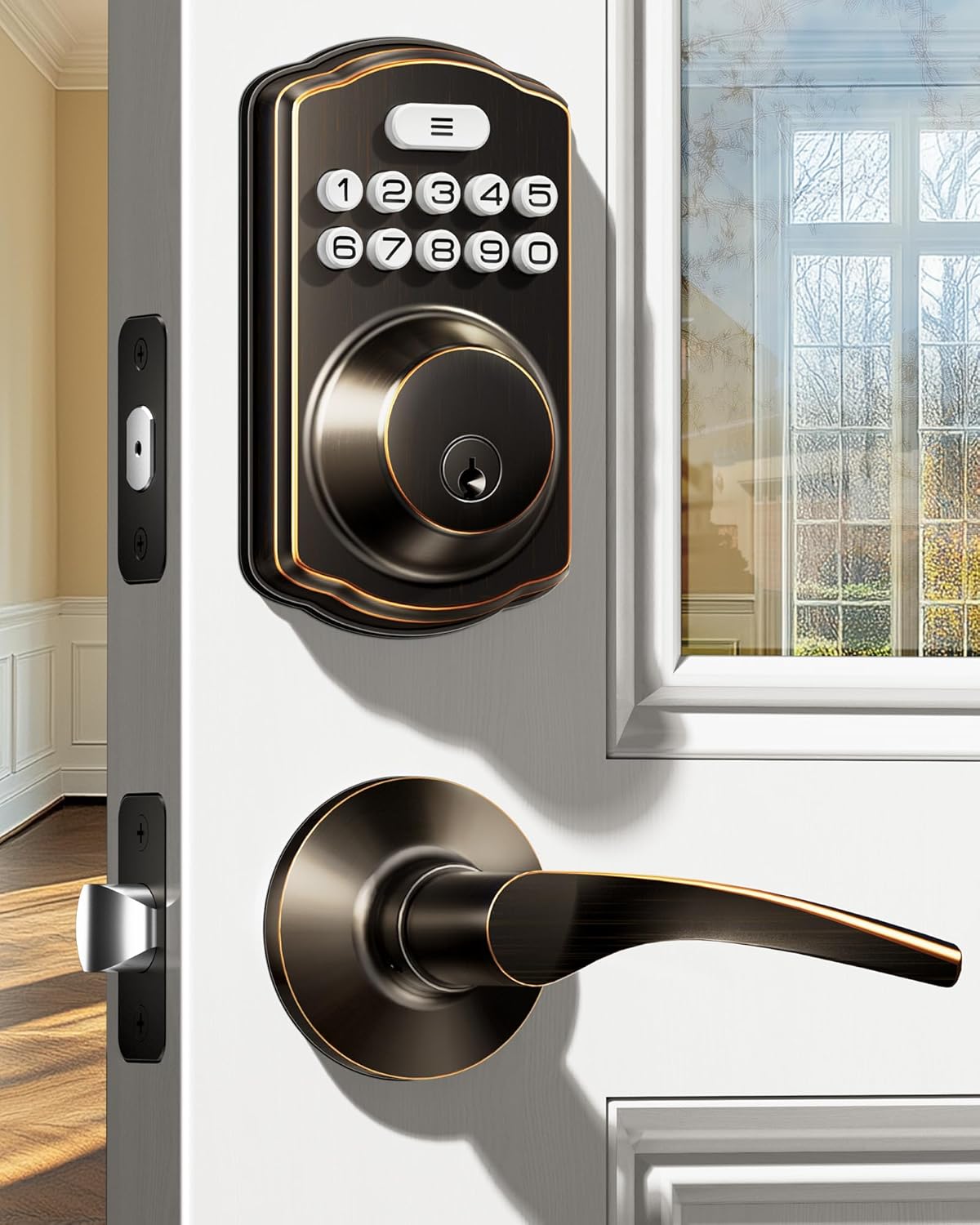 Veise KS01B Keypad Door Lock with 2 Lever Handles Set, Satin Nickel
