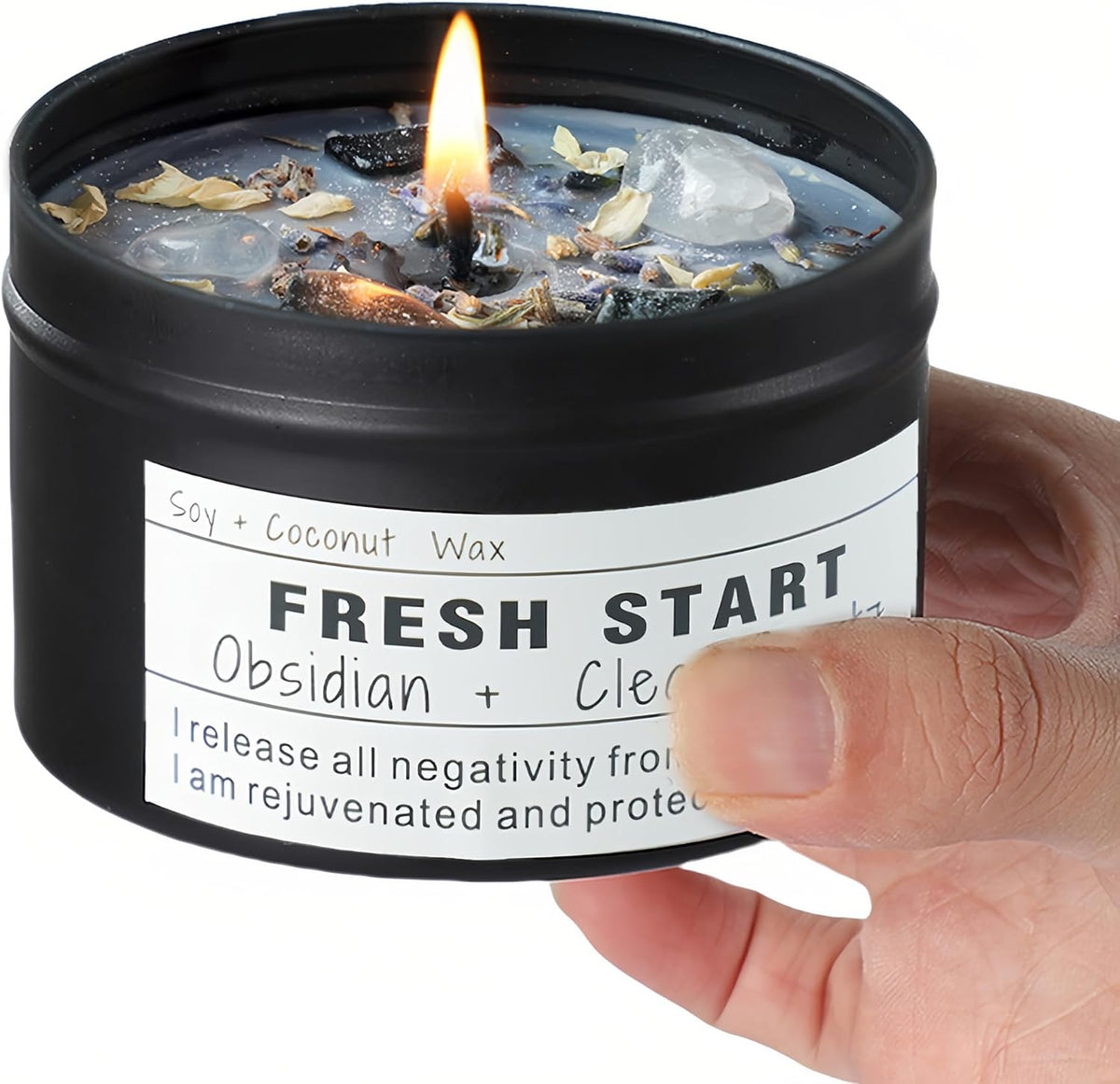 Obsidian Crystal Energy Candle, Good Aura Health Protection, Baltic Amber Chakra Magic Self-Care, Emotional Support, Encouragement and Affirmation Gift.(HEAL)