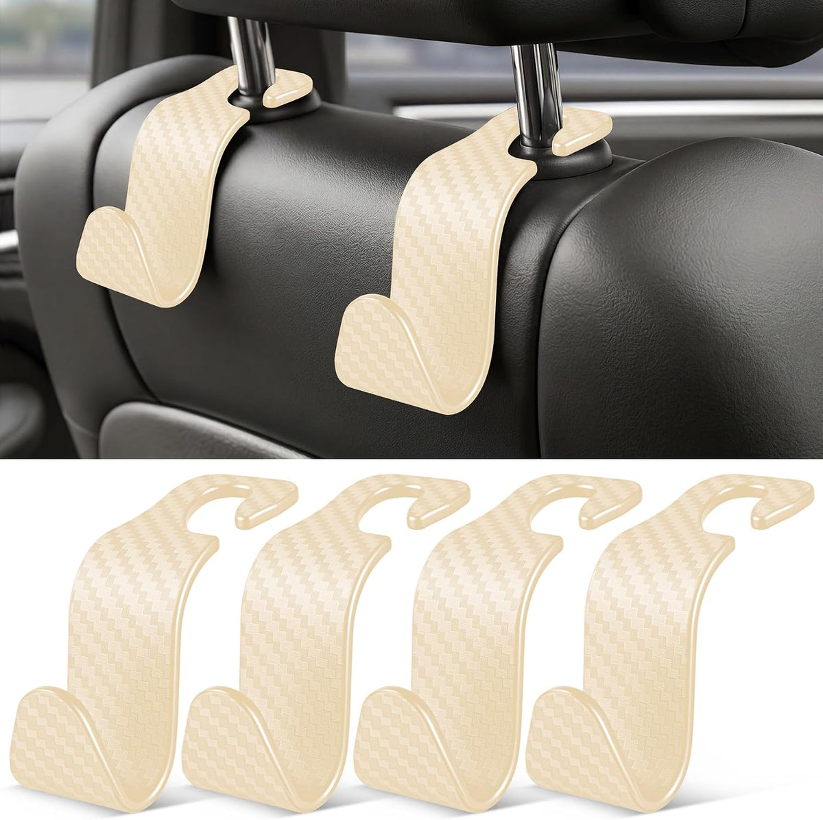 SINGARO Universal 4 Pack Car Seat Headrest Purse Hook, Carbon Fiber Back Seat Hook Storage Organizer Hanger for Purse Handbag Coat, Car Interior Accessories(Black)