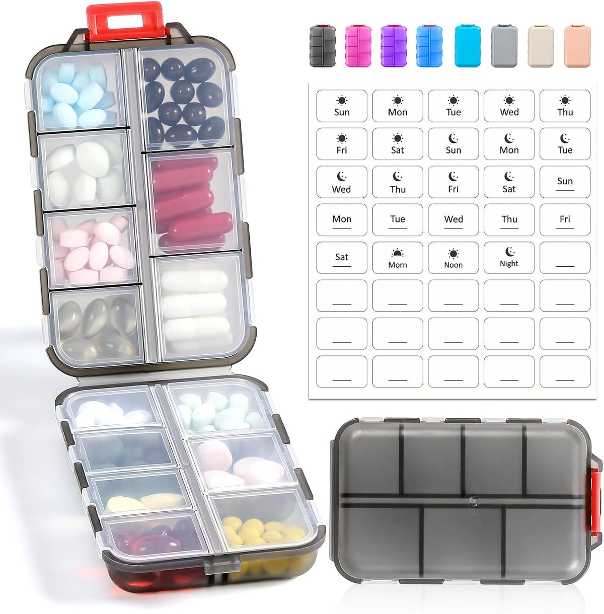 LANDNEOO 14 Grids Pill Organizer Box with Labels, Travel Medication Holder Dispenser Case Kit, Pocket Daily Pharmacy Container for Fish Oil Vitamin Supplement Storage, Khaki Pink Grey, 3 Pack