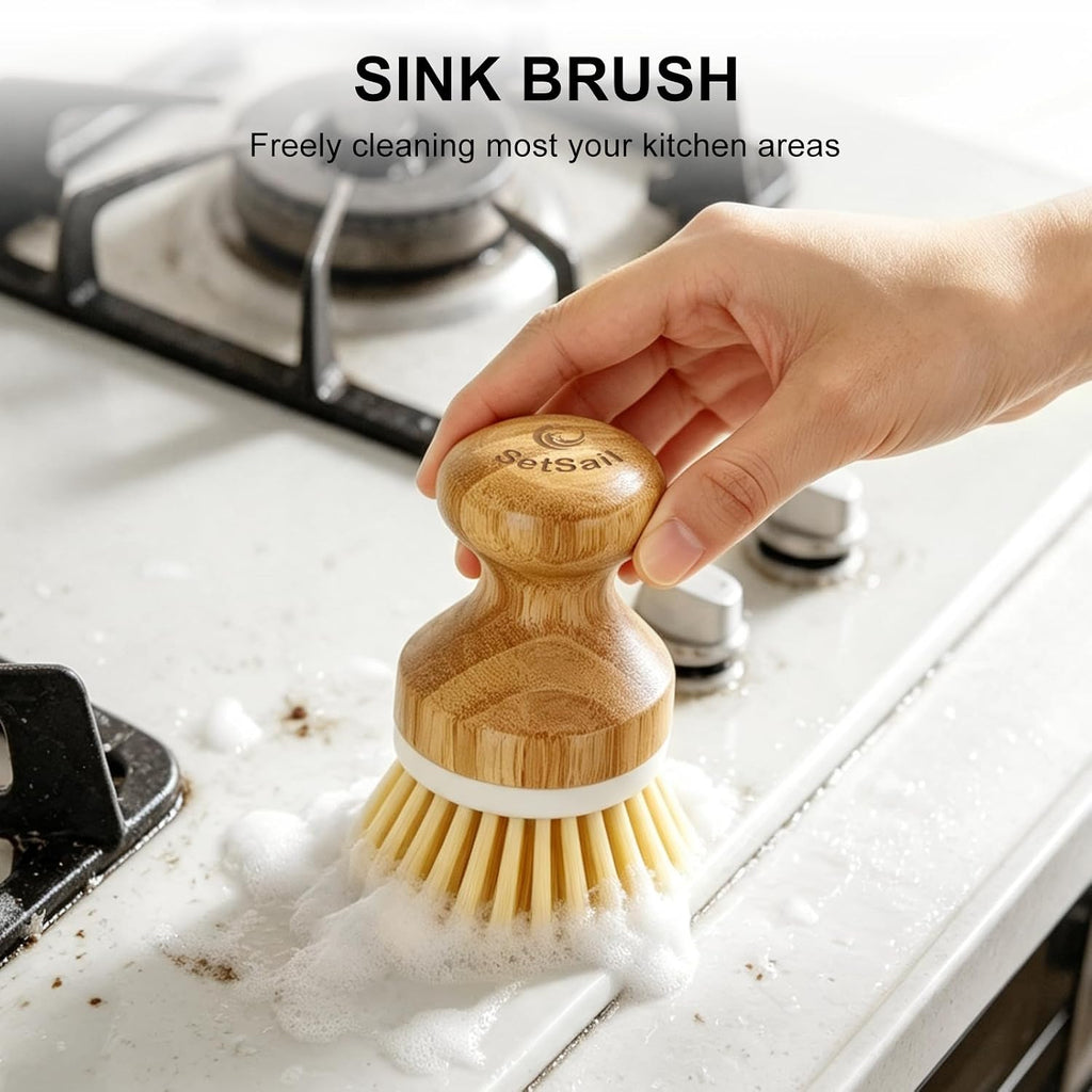 Bamboo Dish Scrubber 2 Pack Kitchen Brushes for Dishes Cleaning
