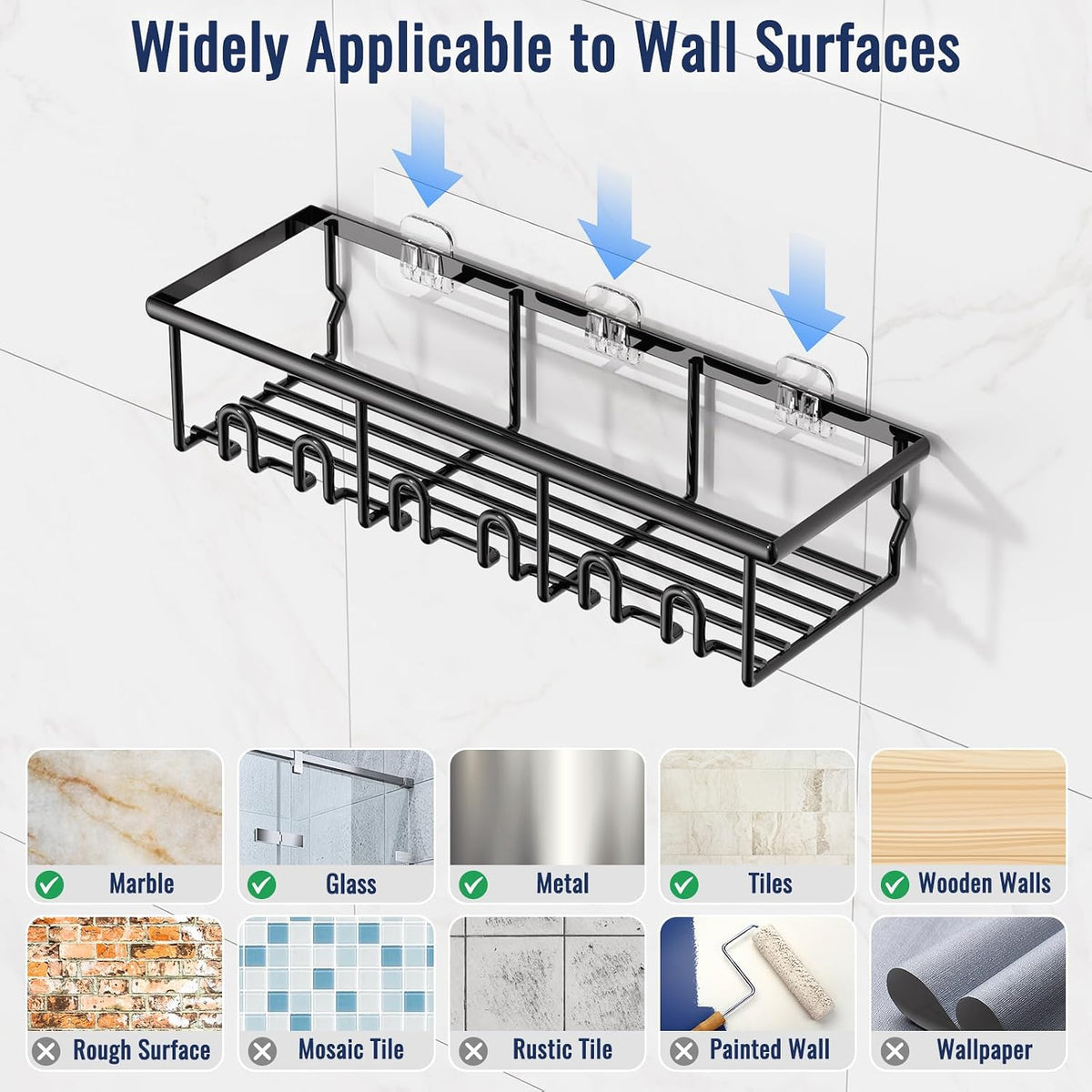 8 Pack Adhesive Large Capacity No-Drilling Shower Caddy, Black