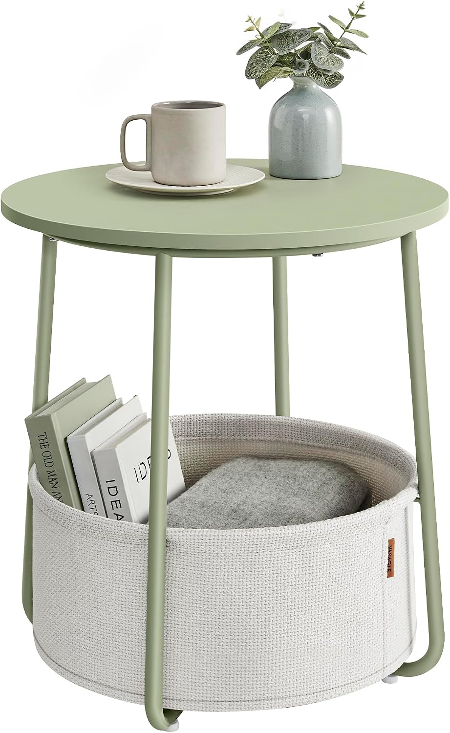 VASAGLE Small Round Side End Table, Small Nightstand with Fabric Basket