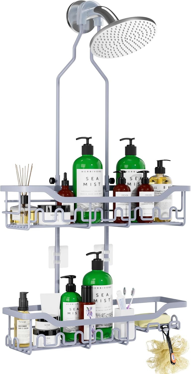 Upgraded Extended Length Shower Organizer with Hooks, Rustproof Shampoo Soap Holder, Large Hanging Bathroom Caddy