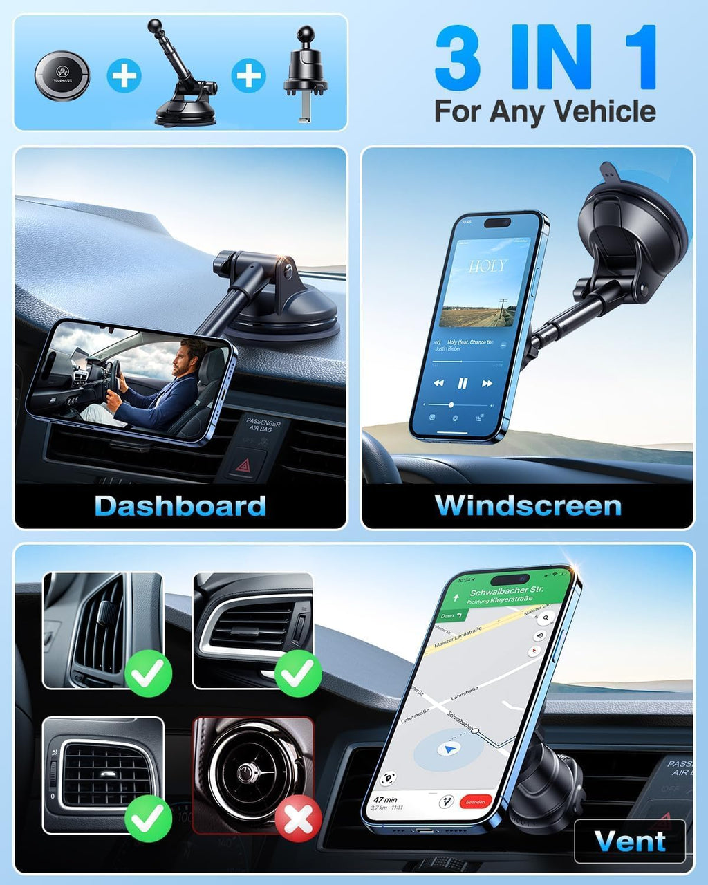 VANMASS for MagSafe Car Holder [Dash+Windshield+Vent] Magnetic Phone Mount