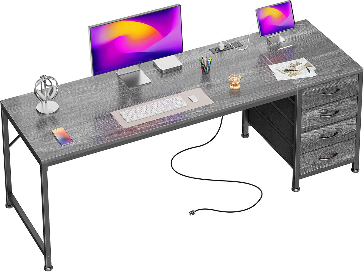 PRAISUN 55.1 Inch Computer Office Desk with Power Outelts and USB-C Port, Reversible Gaming Desk with 4 Fabric Drawers, Work Study Desk Work from Home, Rustic Brown