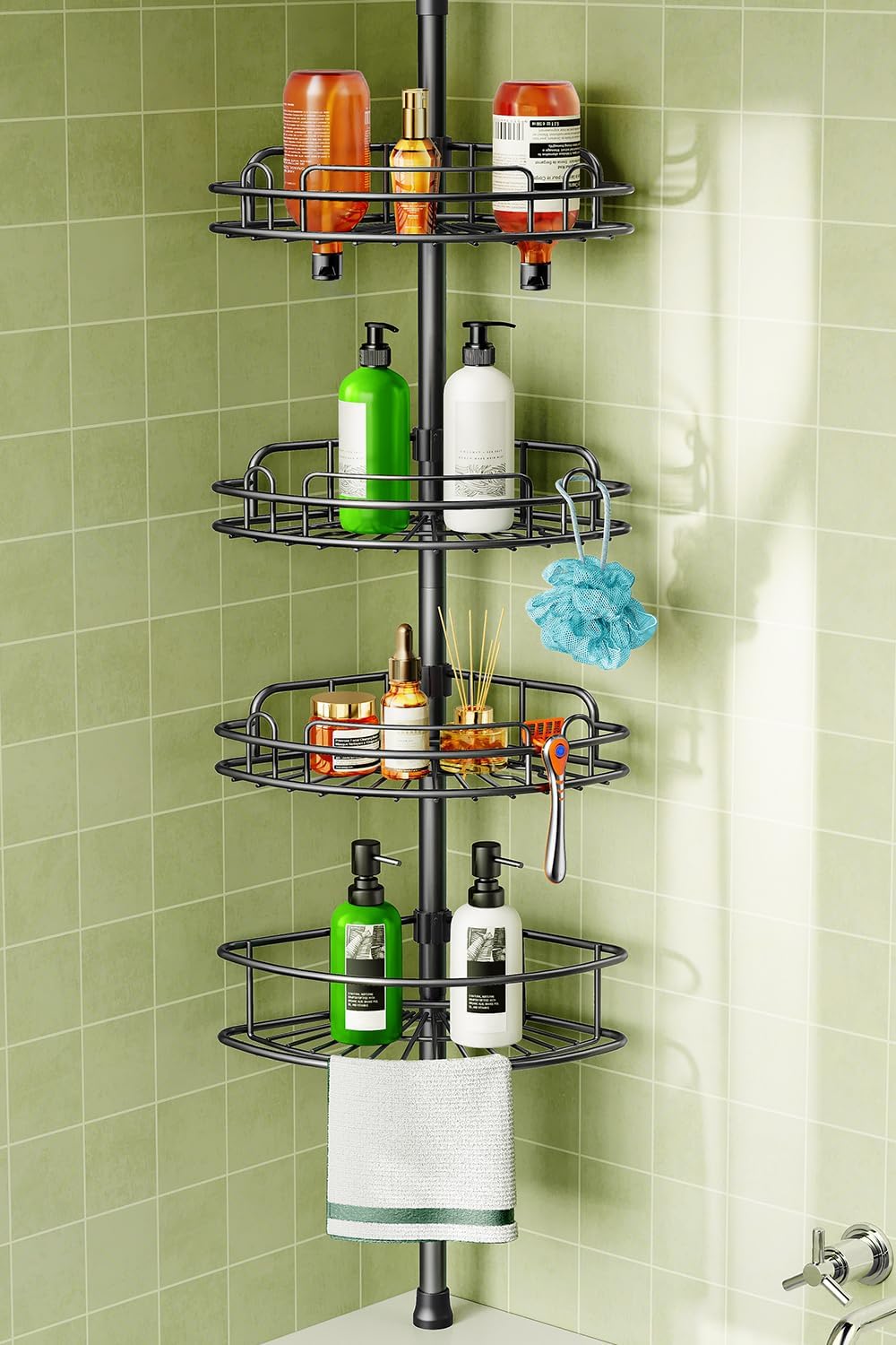 HAMITOR Corner Shower Caddy Tension Pole 4 Tier Rustproof Shampoo Organizer