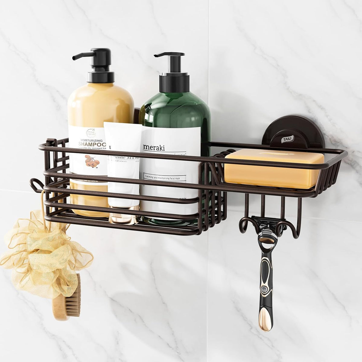 TAILI Shower Caddy Suction Cup 2 Pack with Hooks & Soap holder, Black